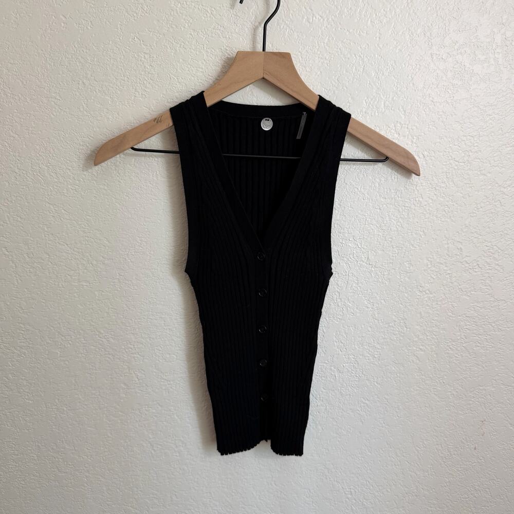 Margaret O'Leary V-Neck Ribbed Knit Slim Fit Button-Front Cardigan Vest Black S